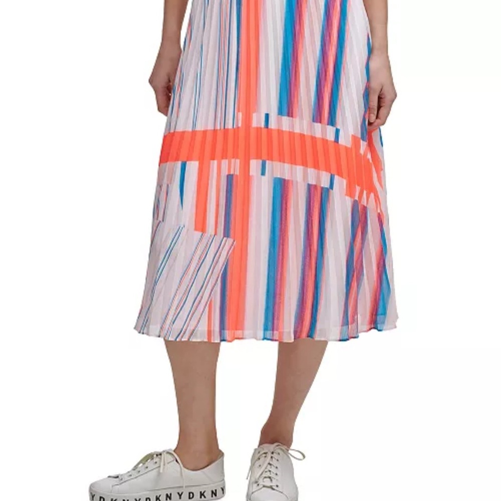 DKNY Multicolor Striped A-Line Pleated Skirt with Black Waistband - Picture 2 of 5